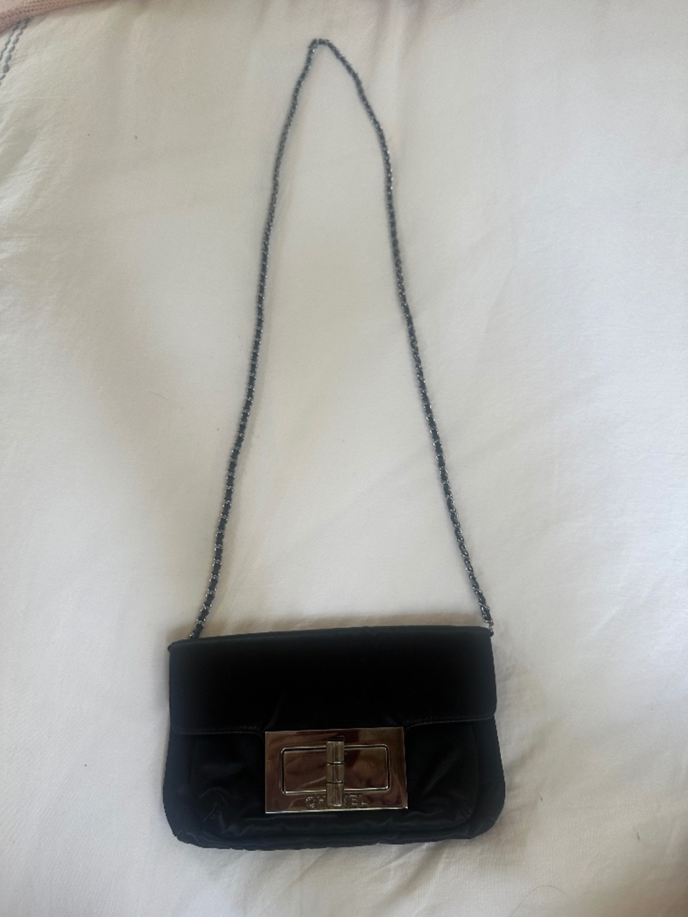 Chanel black satin chain shoulder bag or clutch